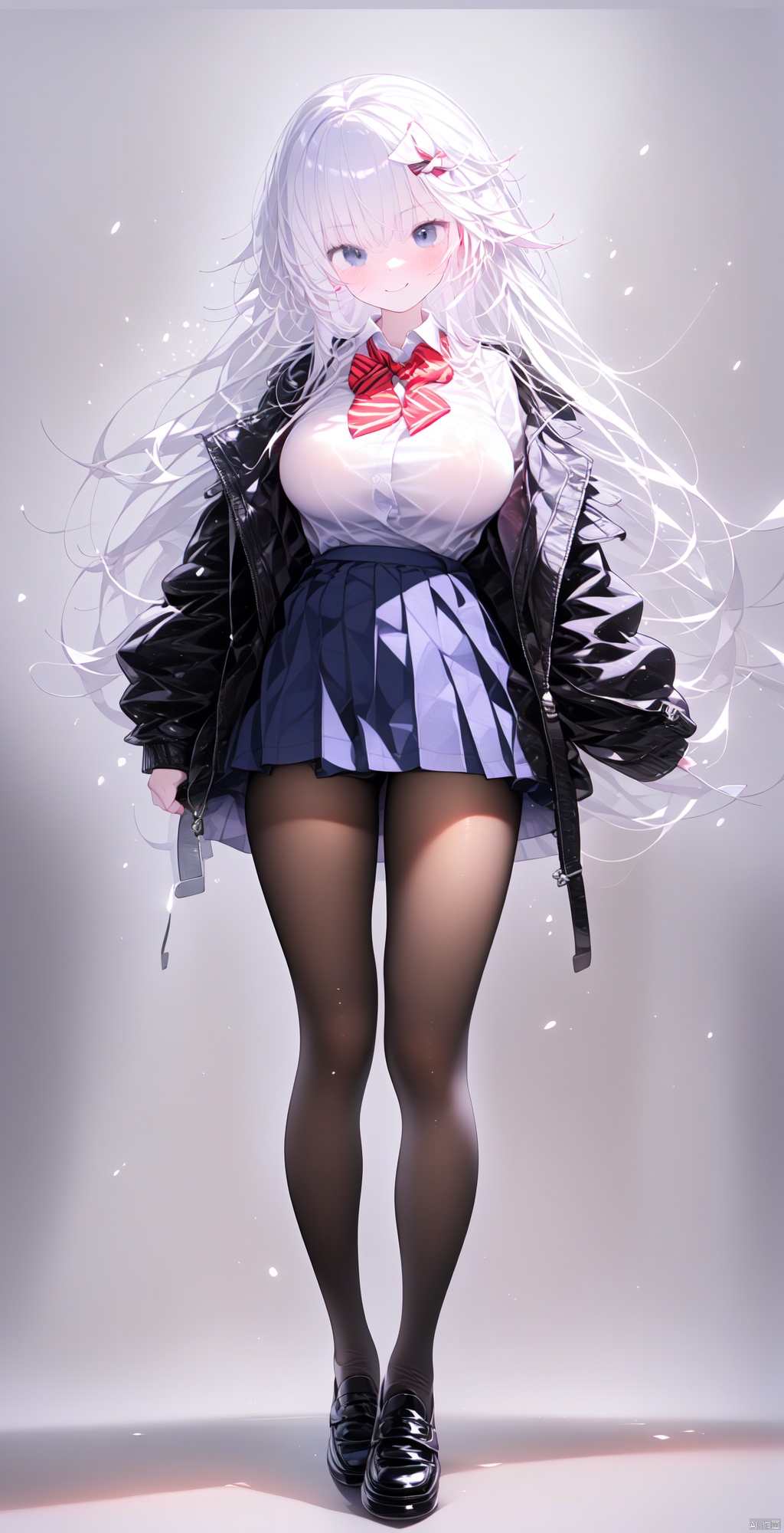  1girl,looking_at_viewer,large_breasts, smile,black_footwear,white pantyhose,black_legwear, bow, bowtie, collared_shirt, full_body, grey_skirt, jacket, kneehighs, long_sleeves, looking_at_viewer, long_hair,white hair, open_clothes,short pleated_skirt, detail_background, red_bow, red_bowtie, school_uniform, shirt, shoes, skirt, solo, white_shirt, Migunov,see-through, tutultb, MG tian