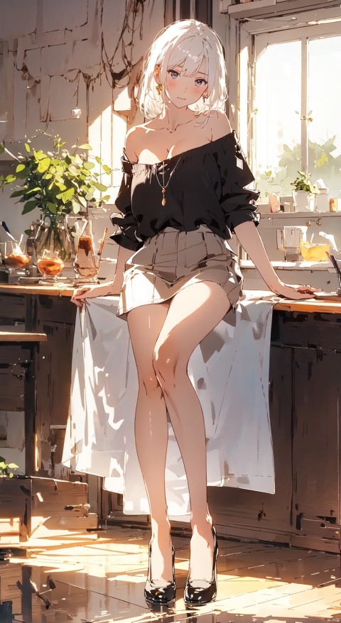  masterpiece, best quality,1girl,full_body, jewelry, breasts, off_shoulder, solo, (white hair:1.25),bangs,looking_at_viewer, bare_shoulders, bangs, large_breas, school,expressionless, cozy animation scenes,dynamic pose,MG tian, cozy anime,bichu,white pantyhose, bichu, Anime, fantasy, magic