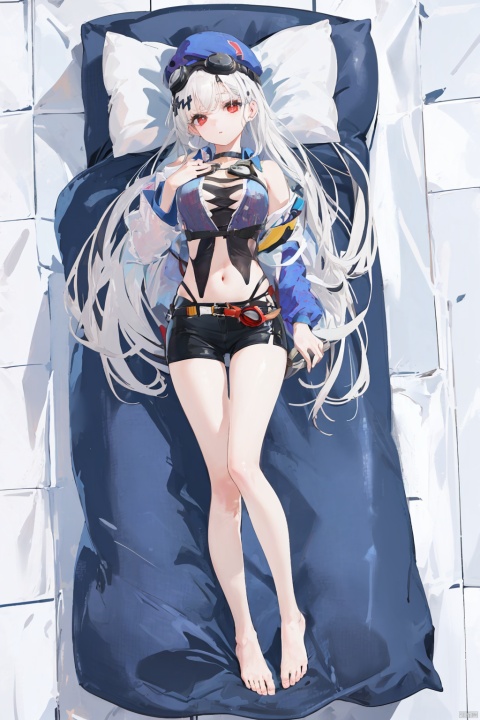  1girl,white hair,long hair,red eyes,(straight bang),(black beret,goggles),white shirt,(lying on bed,under a quilt,pillow),(full body,from above), yingjacket and yingshorts