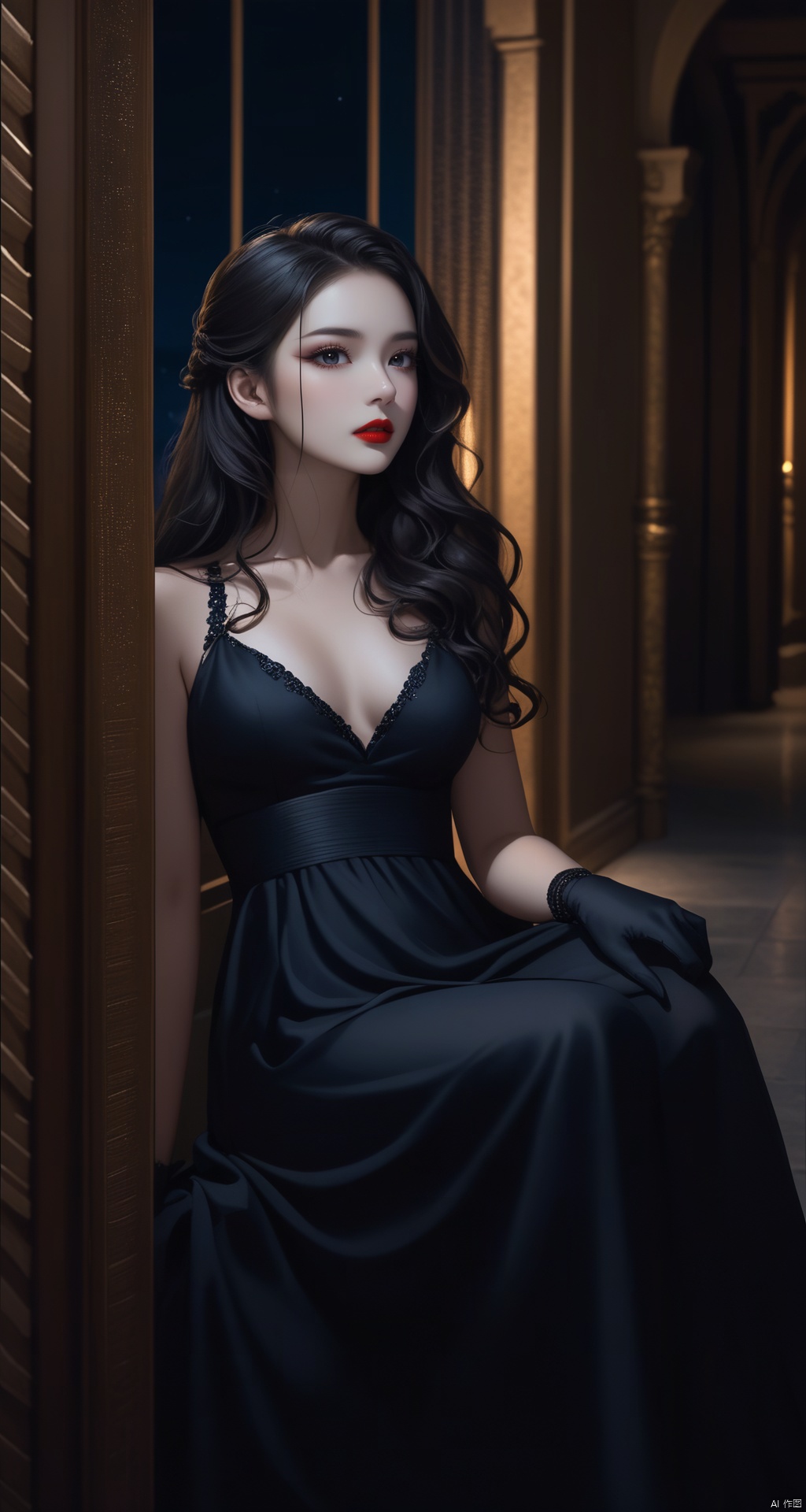 The dark ages,ancient times,low key,1girl,long hair,in the dark,face in the dark,(parted lips:0.0),(solo focus:1.0),long black dress,lips,black gloves,gloves,(makeup:1.0),wavy hair,lipstick,curly hair,realistic,redlips,night,nighttime,late at night,deep in the night,indoors,in the castle corridor,(nsfw:0.0),chinese,dimly,(seductive:0.0),Black high heels,sitting,