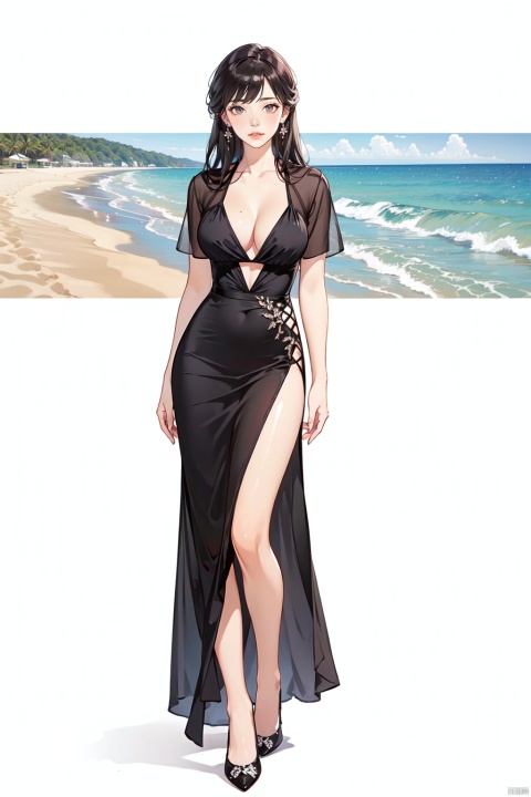  1girl, black dress,(faded ash gray hair:1), (at beach),looking at viewer, RAW photo,, highly detailed CG unified 8K wallpapers,(thick body:1.1),(((straight from front))), 8k uhd, dslr, soft lighting, high quality, film grain, Fujifilm XT3, medium breasts, cleavage,Short sleeve, dimples,Immaculate skin,jujingyi,Hepburn style,high heels,