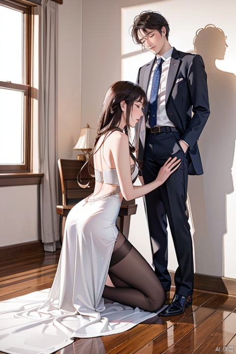  In the midst of a room, a woman is poised on her knees before a man, her posture both graceful and submissive. The distinct sound of her high heels accentuates the unusual nature of the scene; it's a rare sight in most settings. The sharp click of her shoes as she knelt down must have punctuated the air with an unexpected finality.

Her legs are elegantly positioned, one slightly in front of the other, the pointed toes of her heels reflecting the light with a glossy sheen. The act of kneeling is usually one of reverence or servitude, but there's an unreadable expression on her face that belies any simple interpretation of the scene.

The man stands tall above her, his eyes perhaps locked with hers or perhaps looking away, depending on the context of their interaction. His body language will reveal much about the dynamics between them—whether he is comfortable with her display of submission or if he is entirely unaware of the power play occurring at his feet.her crying,her closed eyes,black stockings,