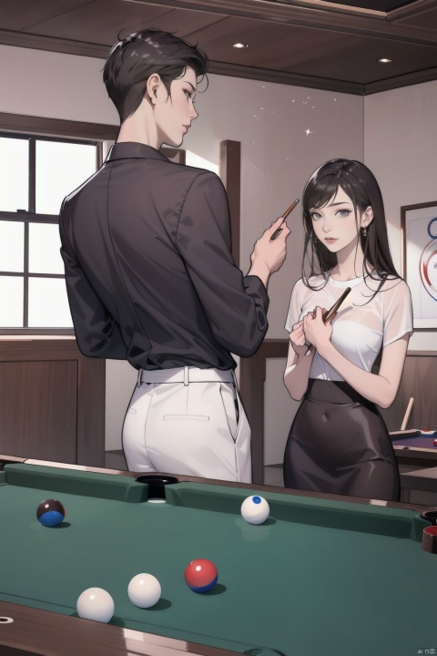  A handsome man stands gracefully before a billiard table, teaching a beautiful woman the art of playing pool. He guides her hand gently as she holds the cue, explaining the angle and force needed for a perfect shot. His eyes sparkle with enthusiasm as he watches her take her first swing, and he offers encouraging words when the cue ball strikes the target with a satisfying click. The woman listens intently, her gaze focused on the game and her instructor, as she slowly begins to master the skill.