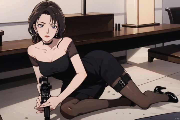 A stunning beauty stands poised, clad in an elegant black evening dress. In her hand, she clutches a sniper rifle, aimed steadily and ready to fire. Her feet are adorned with sleek black high-heel shoes, one foot gracefully placed on a step, while the other braces firmly against the ground, providing stability for her precise aim.