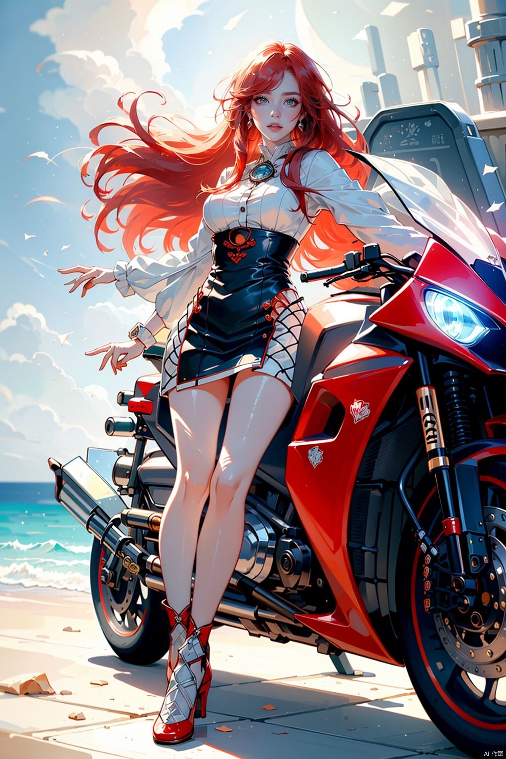  Masterpiece,best quality,(Highest picture quality),(Master's work),(ultra-detailed),{top quality},(sea background:1.2),(1 girl driving a motorcycle:1.4),(red hair:1.3),(bare long leg:1.1),desert background,yuzu,40d grey pantyhose