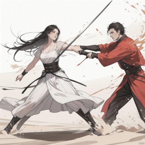In the vast and barren desert, a man and a woman engaged in a fierce battle. The man, clad in a ragged brown robe, stood firmly with his legs planted firmly in the sand, his eyes blazing with a determined look. His muscular arms swung with power as he brandished a rusty sword, slicing through the air with each stroke.

Opposite him stood the woman, her long black hair flying in the hot desert wind. She wore a flowing white dress that contrasted sharply with the surrounding sand. In her hands, she clutched a gleaming dagger, its sharp blade reflecting the harsh sunlight.

As they circled each other, the air around them seemed to crackle with tension. The woman lunged forward, her dagger slicing towards the man's chest. He swayed to the side, narrowly avoiding the blow, and retaliated with a powerful swing of his sword. The blade clashed against the woman's dagger, sending a shower of sparks into the air.

The battle continued, with each combatant testing the other's strength and endurance. The sand around them was kicked up into a swirling dust cloud, obscuring their figures and adding to the drama of the fight. As the sun began to set, casting long shadows across the desert, the man and woman continued their epic duel, their forms blurring and merging in the fading light.
