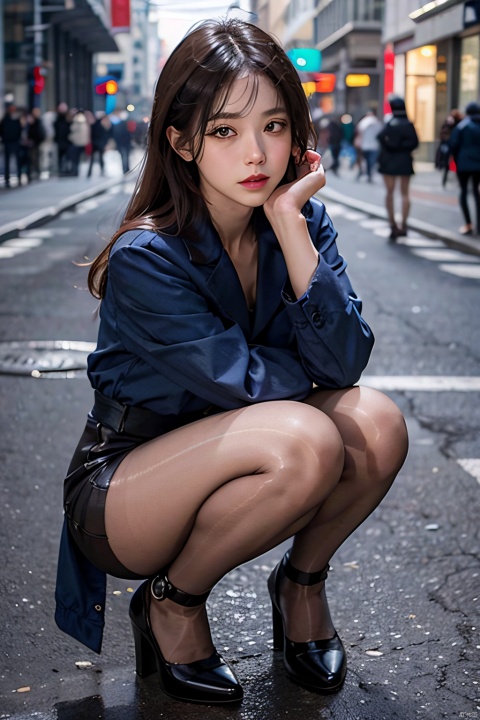  1girl, looking at viewer, street fashion, full body, squatting, masterpiece, best quality, 8k, detailed skin texture, detailed cloth texture, beautiful detailed face, intricate details, ultra detailed,white pantyhose,pantyhose