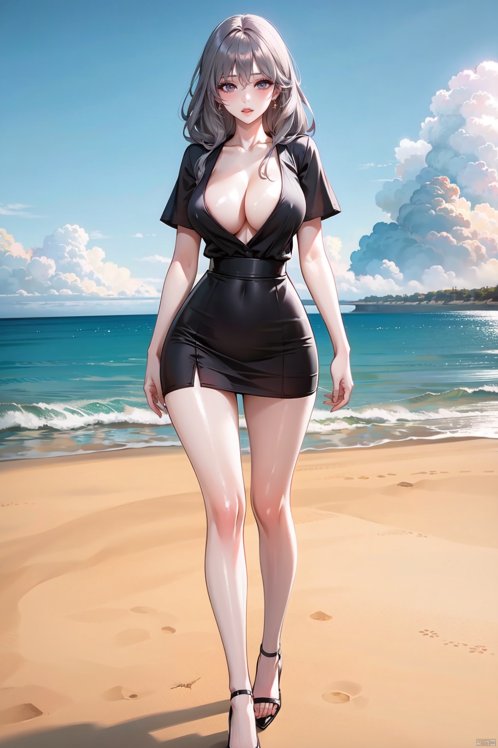  1girl, black dress,(faded ash gray hair:1), (at beach),looking at viewer, RAW photo,, highly detailed CG unified 8K wallpapers,(thick body:1.1),(((straight from front))), 8k uhd, dslr, soft lighting, high quality, film grain, Fujifilm XT3, medium breasts, cleavage,Short sleeve, dimples,Immaculate skin,jujingyi,Hepburn style,high heels,