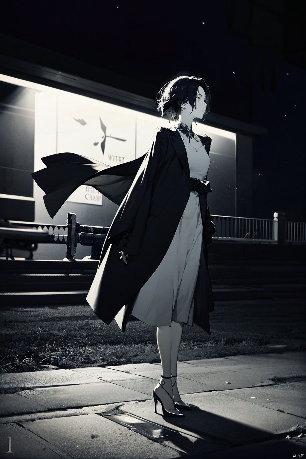  ( looking at the audience: 1.2),portrait of 1girl by Bill Henson,city streets,best quality,sharp and in focus,(art by Chris Friel:1.2),(night),,sad,wind,cinematic_angle,(cinematic tone:1.2),cowboy shot,floating hair,rule of thirds.In the distance, a beautiful woman stood out against the night sky, her figure elegant and graceful. She wore a long coat that billowed around her like a dark cape, and her heels clicked rhythmically against the pavement, adding a touch of sophistication to her already stunning appearance. Her hair flowed freely around her shoulders, and her eyes were fixed ahead, lost in thought as she waited patiently for someone.