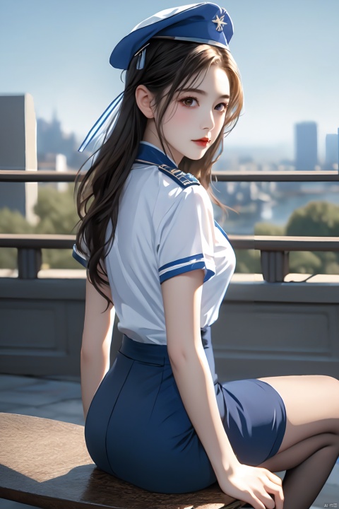  solo,1girl,cityscape,outdoors,cowboy shot,squatting cowgirl position,spread legs,red background,ruanyi0434,blue skirt,uniform,,white shirt,miniskirt,stewardess hat,ass,best quality,masterpiece,highres,official art,extremely detailed cg unity 8k wallpaper