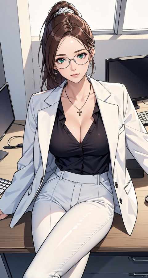 (female): solo, (perfect face), (detailed outfit), (20 years old), beautiful female,content, calm, (crossed legs), auburn hair, long hair, ponytail hair, green eyes, (white skin), Big Boobs, (light blue business shirt, white coat), (grey business pants), (glasses), (hairpin), (necklace), (wristwatch),(Cleavage)

(background): from above, indoor, office, desks, computers, windows, office supplies, afternoon, clear

(effects): (masterpiece), (best quality), (sharp focus), (depth of field), (high res), more_details:-1, more_details:0, more_details:0.5, more_details:1, more_details:1.5, tan, white skin, more_details:-1, more_details:0, more_details:0.5, more_details:1, more_details:1.5, tan, white skin, 1girl