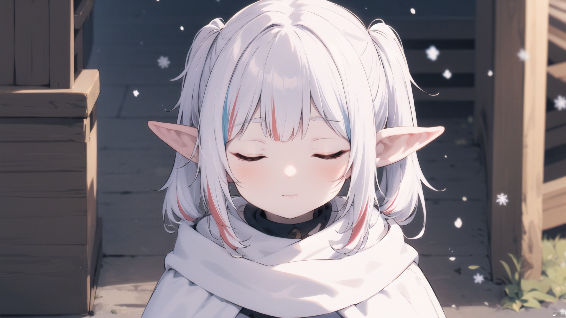  , gawr gura,twintails,white hair,streaked hair,closed eyes,winter,
sousou no frieren , Frieren at the Funeral,pointy ears,cloak