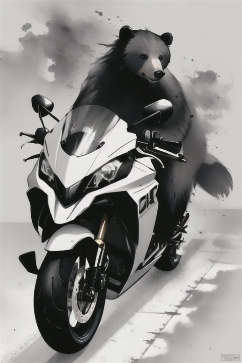 bear,motorcycle,riding motorcycle,helmet,white background, monochrome,full body
