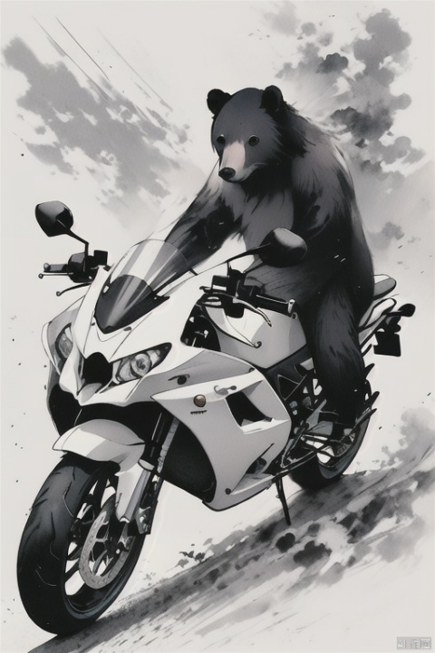 bear,motorcycle,riding motorcycle,helmet,white background, monochrome,full body,