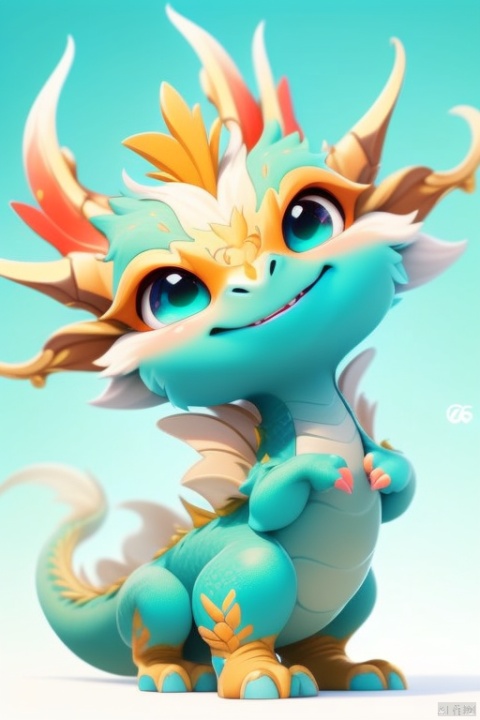 The mini dragon has a charming illustration style and friendly eyes. The color is cyan, gold, red and orange, giving people a sense of good luck and happiness --s 750 --niji 5