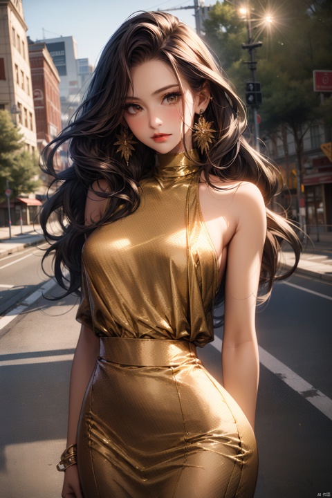 1girl,the whole body,middle breasts,solo,brown Medium long curly hair,brown eyes,looking at viewer,standing, full body earrings,Wearing a golden and shining skirt,golden sheath dress,textured skin,outdoors,in the road,sunshine,super detail, best quality