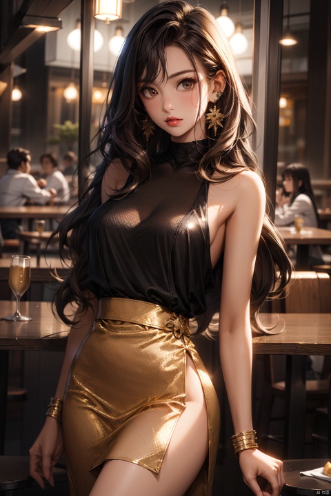  1girl,the whole body,middle breasts,solo,brown Medium long curly hair,brown eyes,looking at viewer,standing,earrings,Full body,Wearing a golden and shining skirt,golden sheath dress,textured skin,outdoors,in the restaurant,super detail, best quality