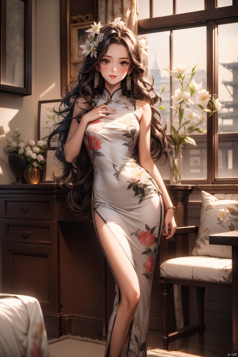  1girl,the whole body,middle breasts,solo,brown Medium long curly hair,brown eyes,looking at viewer,standing,Full body,Wearing a white flower pattern qipao,in the room,textured skin,super detail, best quality