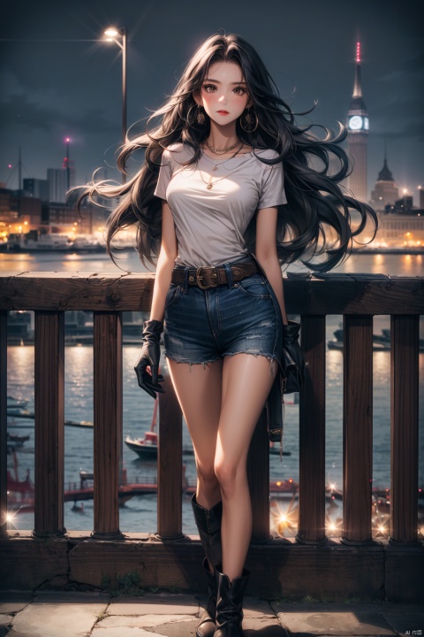  1girl,the whole body,middle breasts,solo,brown Medium long curly hair,brown eyes,looking at viewer,standing,Full body,wearing a black gloves, ankle boots, white T-shirt, blue denim shorts, leather belt, black gloves,earrings,necklace,Sea and night view in the background,textured skin,super detail, best quality