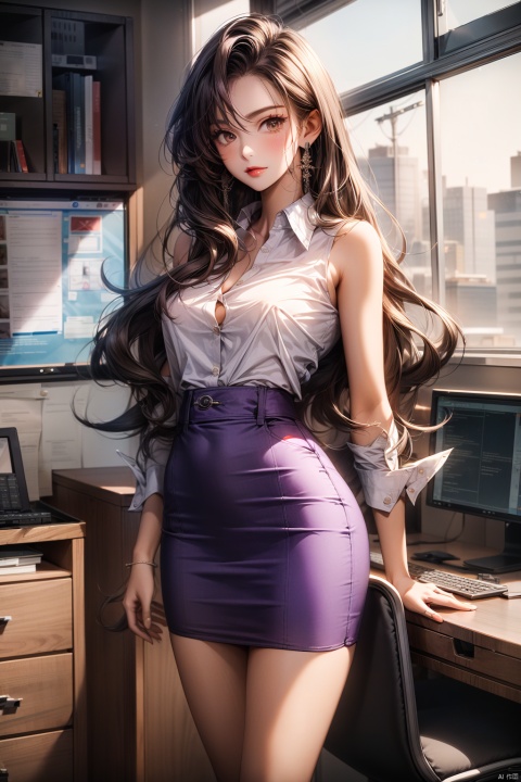  1girl,the whole body,middle breasts,solo,brown Medium long curly hair,brown eyes,looking at viewer,standing,earrings,Full body,Wearing a purple skirt,white shirt,sleeveless,unbuttoned,textured skin,long legs,office lady,chair,super detail, best quality