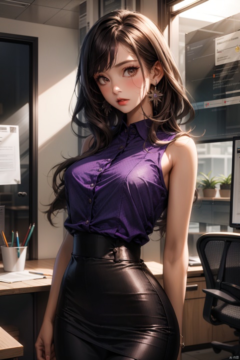  1girl,the whole body,middle breasts,solo,brown Medium long curly hair,brown eyes,looking at viewer,standing,earrings,Full body,Wearing a pencil skirt,purple shirt,sleeveless,textured skin,outdoors,in the office,super detail, best quality