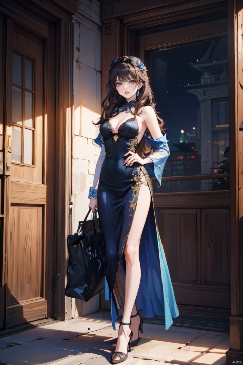 1 girl, Look at audience,the whole body,brown Medium long curly hair, blue eyes,Black high heels,Stand, outdoors,Blue skirt with hip wrap,close-fitting slip dress,textured skin, in the room,in the night,super detail, best quality, sssr, yuanshen, Kim Mi-Jung