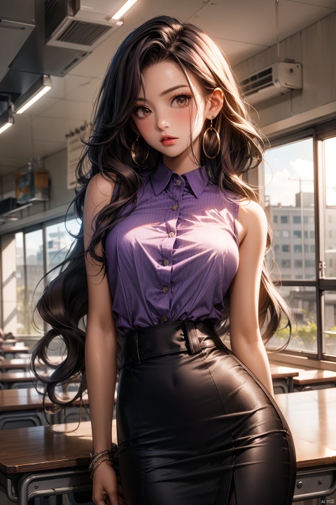 1girl,the whole body,middle breasts,solo,brown Medium long curly hair,brown eyes,looking at viewer,standing,earrings,Full body,Wearing a pencil skirt,purple shirt,sleeveless,textured skin,in the school,super detail, best quality