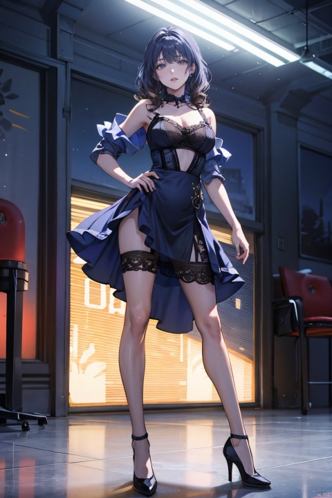 1 girl, Look at audience,the whole body,Center part bangs,brown Medium long curly hair, blue eyes,Black high heels,Stand, outdoors,Blue skirt with hip wrap,close-fitting slip dress,textured skin, in the room,in the night,super detail, best quality, sssr, yuanshen, Kim Mi-Jung