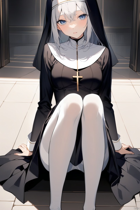 1girl,  dress, sitting, Slim legs, white pantyhose, Nun, Close-up of the lower half of the body