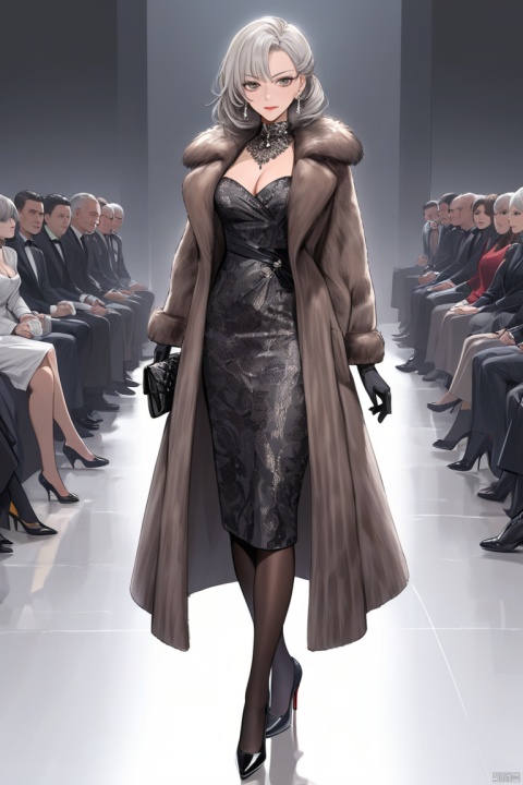 (High), illustrated, original, very detailed, a mature woman, solo, jewelry, earrings, bronya zaychik, dress, bangs, full body, pantyhose, attractive figure, still charming, mink coat, white background, expensive purse, black socks, looking at the audience, heels, gloves, gray eyes, scornful expression, gray hair, Chest, long white hair,