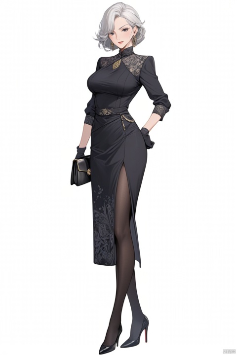 (Tall), illustrated, original, very detailed, a mature woman, solo, jewelry, earrings, sheath dress, skirt and hips, full body, sexy pantyhose, attractive figure, still stylish, Sable, white background, expensive purse, black socks, heels, gloves, gray eyes, disparaging expression, gray hair, chest, white hair,