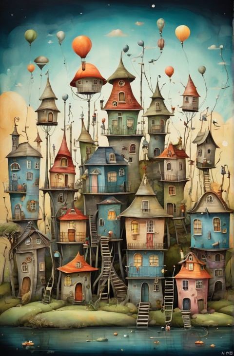  Little people (or houses for that matter) with tall hats and long legs, carrying oversized tools such as ladders or cranes, repair floating houses in the sky, whimsical scenes depicted on textured paper with soft pastel tones. Many of the little people walk around in comically large feet, exuding an air of curiosity and depicting a playful scene of life, by Gabriele Dell'otto , Kilian Eng