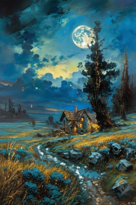  landscape by Gustave Moreau, Thomas Kinkade, James Gurney. Carne Griffiths. Frank Frazetta. van gogh, Alberto Sevesooil paint, masterpiece, Realistic, deep colors, blue tint, only bronze gold moon, night scenery, fields, Field, Intricate, detailed, sharp, clear, Better image quality, harsh brush strokes,light master
