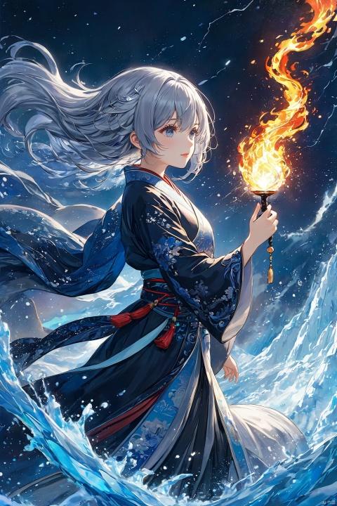  (masterpiece, top quality, best quality, official art, beautiful and aesthetic:1.2),(1girl:1.2),cute,extreme detailed,,(silver_hair:1.1),fate \(series\),colorful,highest detailed,fire,ice,lightning,(splash_art:1.2),jewelry:1.4,hanfu,scenery,ink,