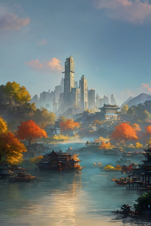 Autumn evening, blue sky and white clouds, houses on the West Lake, golden trees on the bank ","created by Makoto Shinkai and Hayao Miyazaki, popular on cgsociety, soft light, 8K, fairy tales, dreams, tranquility, HD ，8K