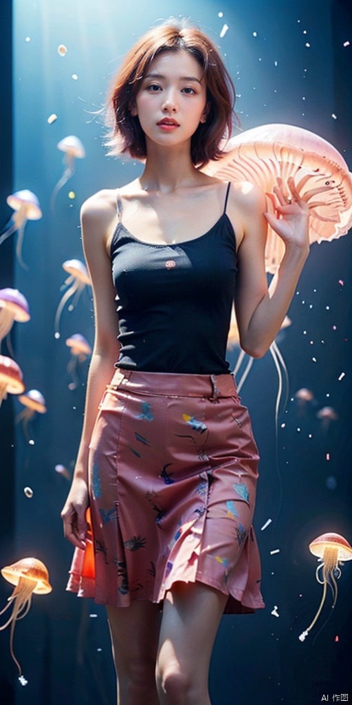  Colorful Girl, 1Girl,Colorful jellyfish, colorful jellyfish floating in the air,Close shot, large jellyfish on head, front, upper body, above thighs, blue **** top dress, complex fluid shaped colored short skirt at waist, off shoulder, colorful print, looking at the camera, colored gradient hair, dark gradient background, depth of field, glow, hand101, 1girl