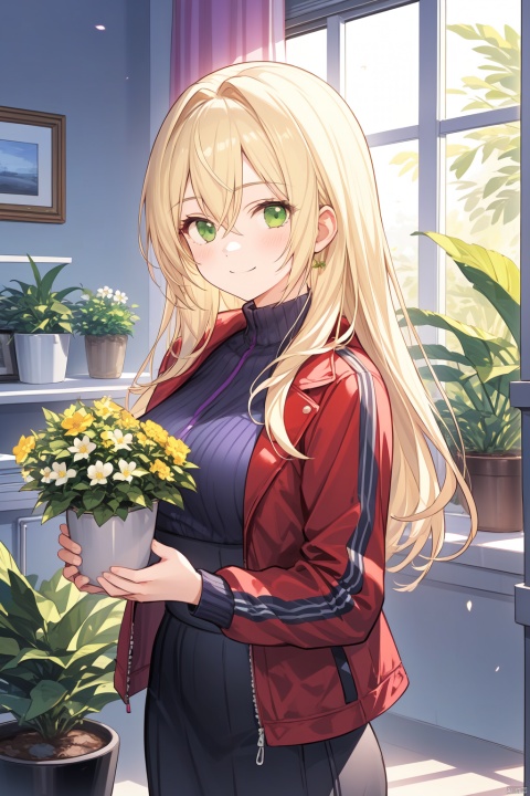  1girl, bangs, blonde_hair, bouquet, breasts, flower, flower_pot, green_eyes, hair_between_eyes, holding, holding_flower, indoors, jacket, long_hair, looking_at_viewer, plant, potted_plant, purple_flower, red_jacket, ribbon, smile, solo, vase, watering_can