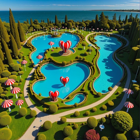  (wonderland:2),
Heart shaped lake,,
,Landscape Park,
﻿sea,
Blue sky,
No clouds,
Transparent waves,
﻿Water Park,
Waterfall,
,
best quality, masterpiece, high res, absurd res,
perfect lighting, intricate details,