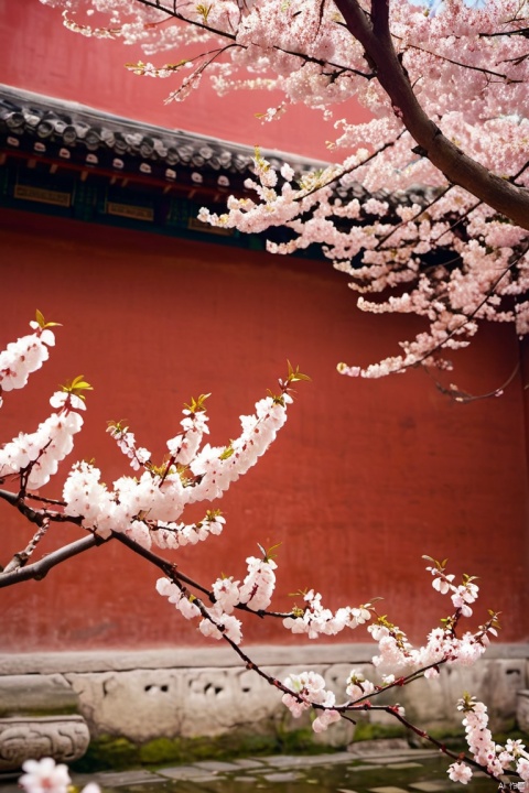  (RAW photo, 4k, realistic, ),masterpiece,best quality,unity 8k wallpaper,ultra detailed,cinematic look,natural skin texture,cinematic angle,Fujifilm XT3,(highlydetailed),(detailed lighting),(contrast),(mysterious atmosphere),Spring, cherry blossoms falling on the red wall of an ancient Chinese building, closeup shot, bright and soft lighting, depth of field effect, warm colors, light white petals floating in midair, delicate petal details, and soft shadows cast by flowers. The scene is full of vitality. in the style of an ancient Chinese painting