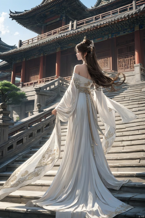  (masterpiece, top quality, best quality, official art, beautiful and aesthetic:1.2),gf-hd, 1girl, long hair, dress, architecture, solo, stairs, white dress, east asian architecture, brown hair, from behind, skirt hold, hair ornament, shawl