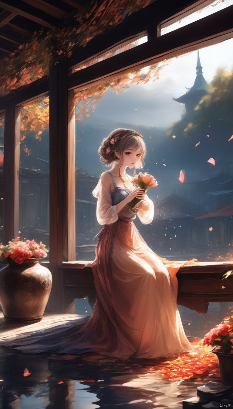  Anime style,(detailed light), (an extremely delicate and beautiful), (1 girl holdding vase and
flower)
(cowboy shot:1.3)
(from side:1.25), (1 loli:1.2), grey hair, (messy braid ponytail), (wearing old
ripped dress), (long grey dress), frills, (Smile, hope, sunshine:1.2), (solo), (blue
eyes:1.2), (Detailed beautiful eyes, lively eyes), (sitting), table
volume light, best shadow, flash, Depth of field, dynamic angle, Oily skin
(looking at vase), (1 Detailed vase), (red flower inside of vase), (Detailed and
beautiful), (Holdding vase)
(outdoors, Earthquake debris, cracked ground, collapsed houses in the distance, grey sky, smoky)