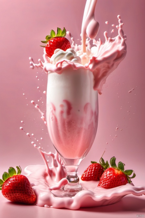  Splashing liquid, falling fruit,A photo of a strawberry milk mixture presents a visual beauty and appeal. Bright colors, mixed with elements of strawberry and milk. The center of the drink is pale pink strawberry juice mixed with some fresh strawberry pulp, while the surrounding is white milk foam,