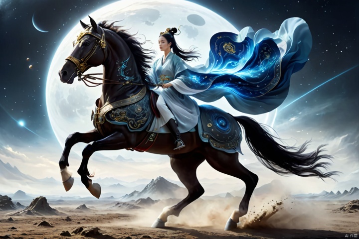  1girl,solo,black hair,hair ornament,hair bun,chinese clothes ,single hair bun,riding,horse,hors,eback riding,The girl is riding on a mechanical warhorse, with an alien spacecraft in the background,Flowing long hair,
A solitary young woman, her long black hair tied up in a sleek, single hair bun accentuated by a dazzling hair ornament, is dressed in authentic Chinese garb that speaks volumes about her cultural heritage. Riding not just any ordinary horse, but a futuristic mechanical warhorse, she stands out against the stark contrast of her surroundings. 
Against the backdrop of an extraterrestrial spacecraft hovering majestically in the distance, this scene encapsulates a fascinating blend of ancient traditions and advanced technology. The girl's confident stance on her high-tech mount symbolizes a seamless integration of the past and the future, where oriental aesthetics meets sci-fi fantasy.
As she navigates the unknown terrain, her equestrian skills adapt seamlessly to the mechanical creature beneath her, suggesting a world where humanity has evolved beyond the conventional bounds of Earthly limitations. In this surreal imagery, the girl on her mechanical warhorse becomes a beacon of resilience and adaptation, bridging worlds and epochs in a thrilling narrative of human progress and cultural endurance.