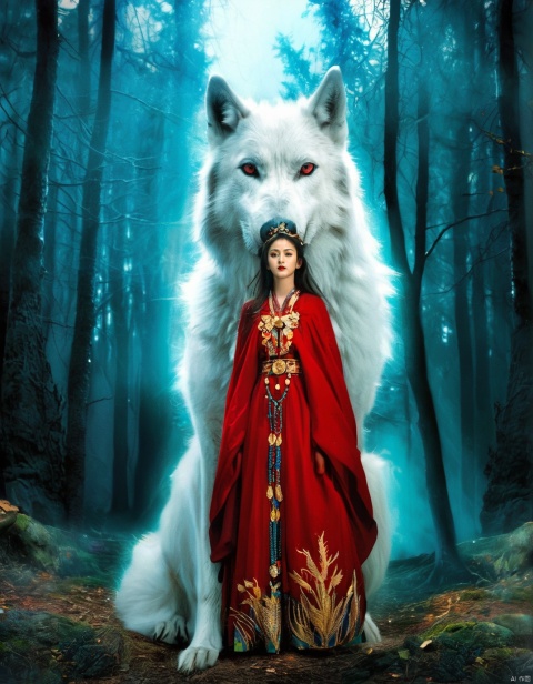  cinematic still This vivid oil painting captures a mystical atmosphere with a girl in traditional hanfu attire, colored in rich shades of red and gold, against a backdrop of a misty, ancient forest. A colossal white wolf with thick fur and piercing blue eyes stands closely behind her, exuding a protective aura. The soft brush strokes highlight the wolf's fur and the intricate patterns on the girl's dress.An illustration of a fantasy giant wolf standing in a mystical forest. . emotional, harmonious, vignette, 4k epic detailed, shot on kodak, 35mm photo, sharp focus, high budget, cinemascope, moody, epic, gorgeous, film grain, grainy