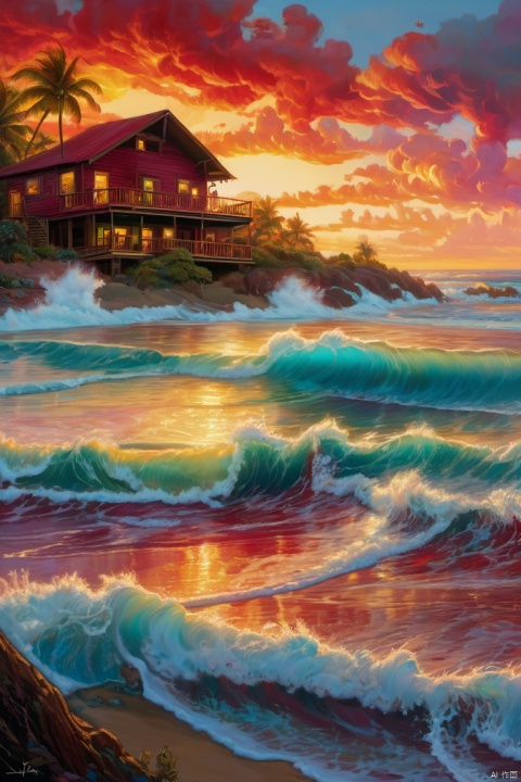  sunset on the beach town,huge blue waves,by Justin Gerard,psychedelic art,full of deep red colors and rich detail,vibrant and rich colors,waves,tropical undertones,james edmiston,Flowery cabin,