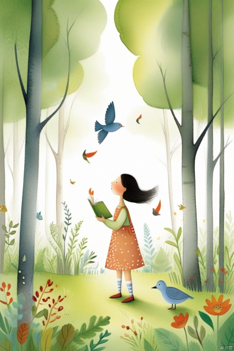  Children's picture book style,Overall,this is a beautiful and serene image that captures the essence of a in the woods. The woman's calm demeanor and the birds' activity add a sense of liveliness to the scene,making it a captivating and memorable image.,