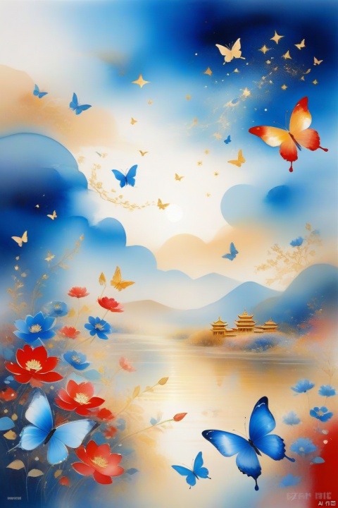  Dunhuang art style illustration, many blue butterflies with golden patterns surrounded by auspicious clouds, with transparent shining diamond wings, majestic, (blue butterflies shining with starlight: 1.36) flying in the lotus pond, extremely delicate brushstrokes, soft and smooth, China Red and indigo, gold background