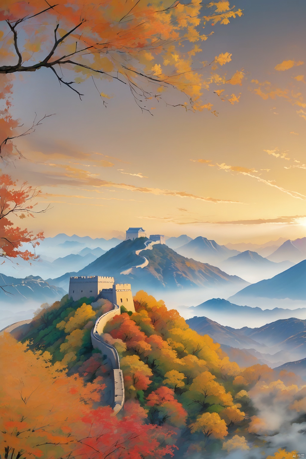 Beautiful great wall of China, autumn scenery, clouds, mountains of maple leaves, realistic photos, HD details, lifelike, 4K,HD