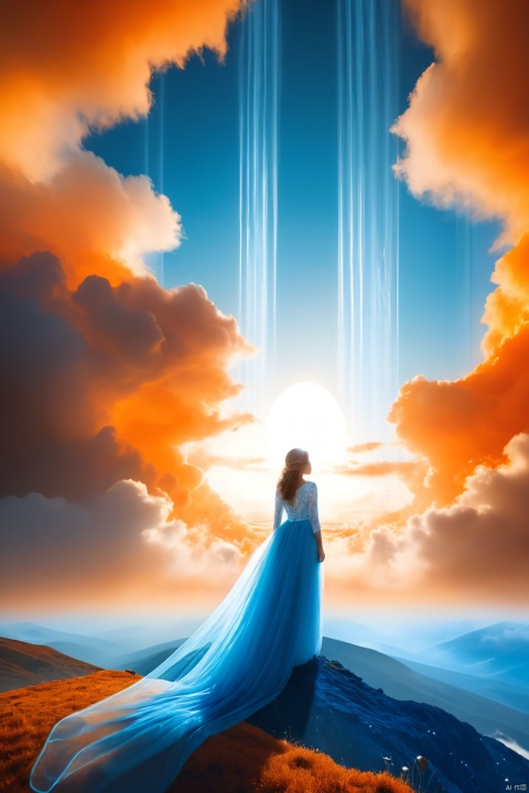  A 4K abstract portal, with a surrealistic, yet realistic, design and a captivating atmosphere., scenery, 1girl,from behind,Tyndall phenomenon,best quality,Super detailed,actual,professional,blue lace wedding dress,rows of orange beams,cloud,mist,,White minimalist,partial reflection,Desktop Wallpapers,