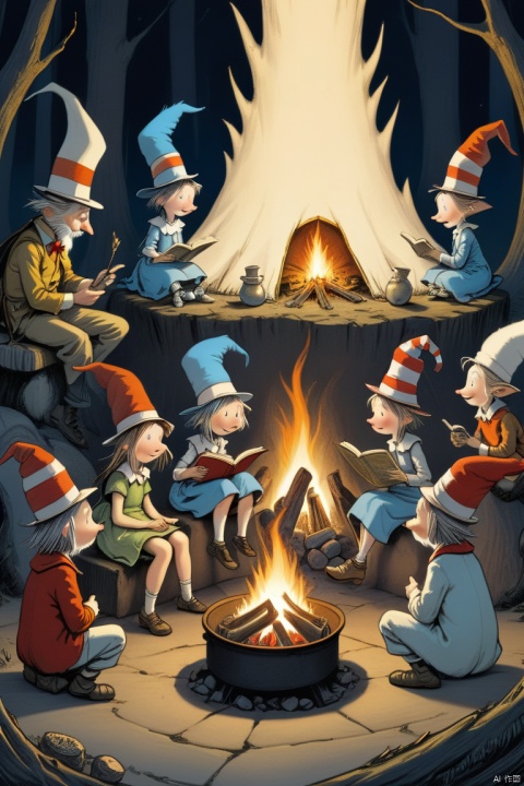  children sitting around a campfire, whimsical, children's story book art style, jean baptiste monge, dr seuss, (masterpiece, best quality, perfect composition, very aesthetic, absurdres, ultra-detailed, intricate details, Professional, official art, Representative work:1.3)